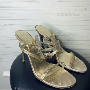 Stuart Weitzman Gold US 11 M Heels Rhinestones Leather Sandals